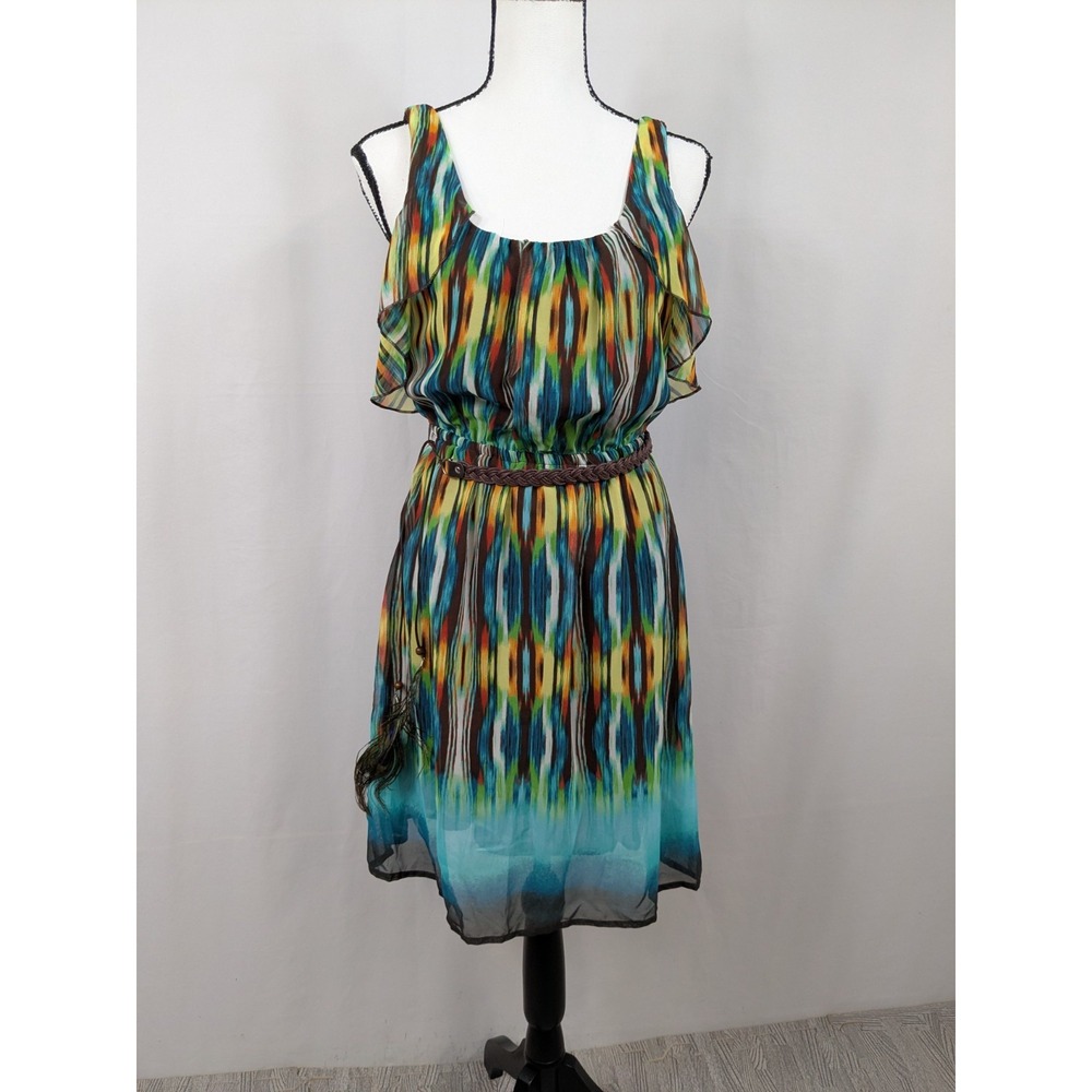 Y2K Fit And Flare Ruffle Multicolor Braided Peacock Belt Party Dress Small A055